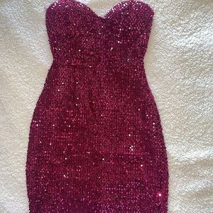 Plum colored mini, body-con sparkle dress